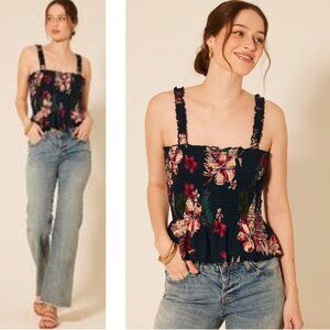 Patrons of Peace Navy Floral Camisole Selene Smocked Ruffle Tank Top Size Small